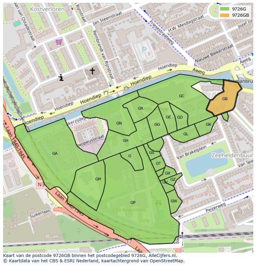 Afbeelding van het postcodegebied 9726 GB op de kaart.