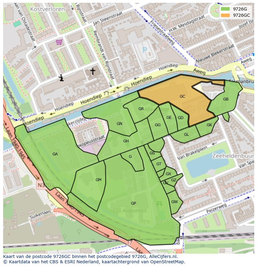 Afbeelding van het postcodegebied 9726 GC op de kaart.