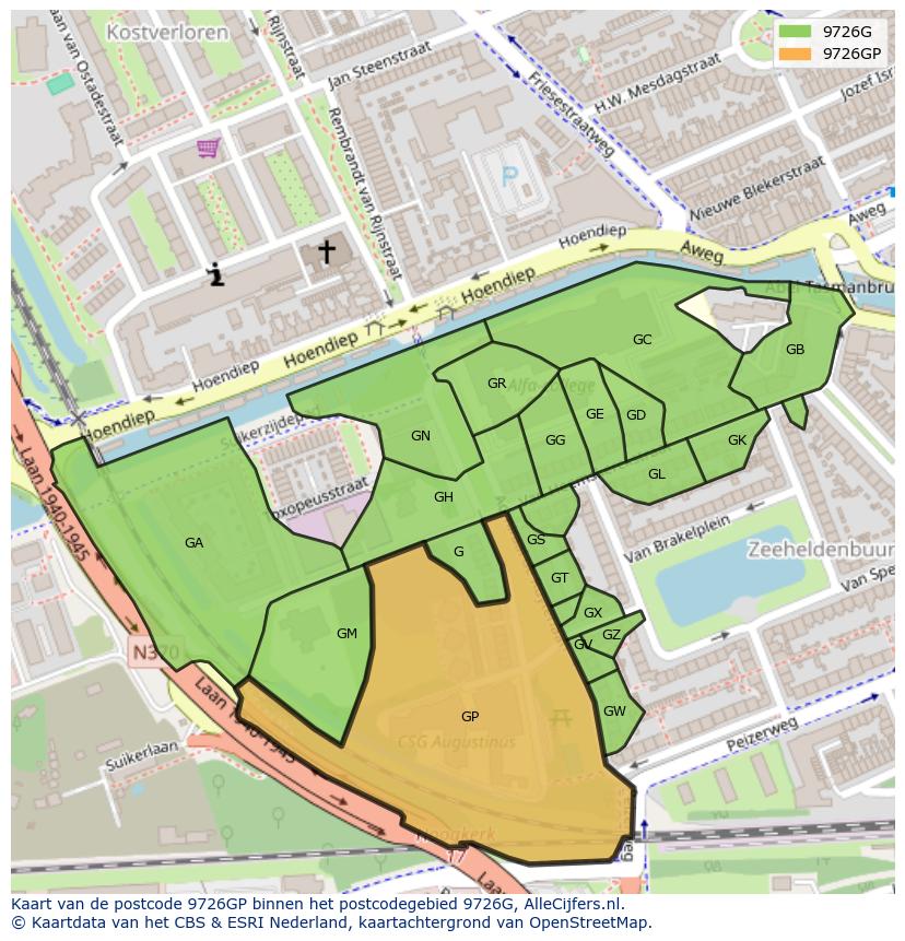 Afbeelding van het postcodegebied 9726 GP op de kaart.