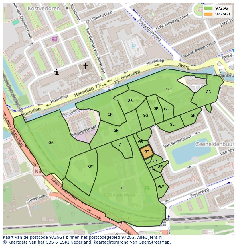 Afbeelding van het postcodegebied 9726 GT op de kaart.