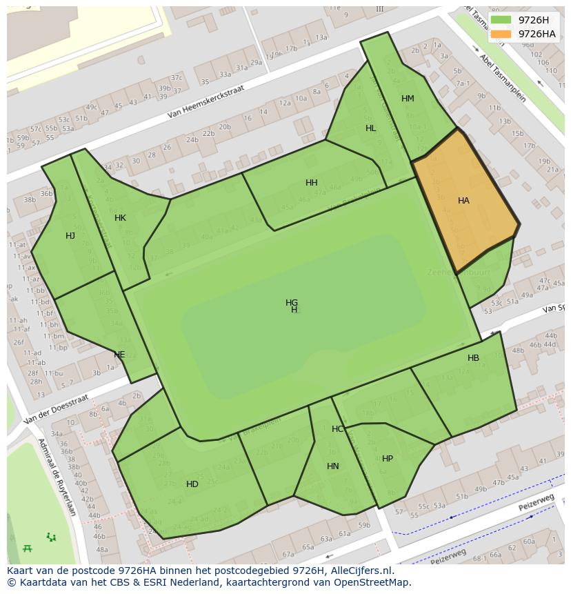 Afbeelding van het postcodegebied 9726 HA op de kaart.