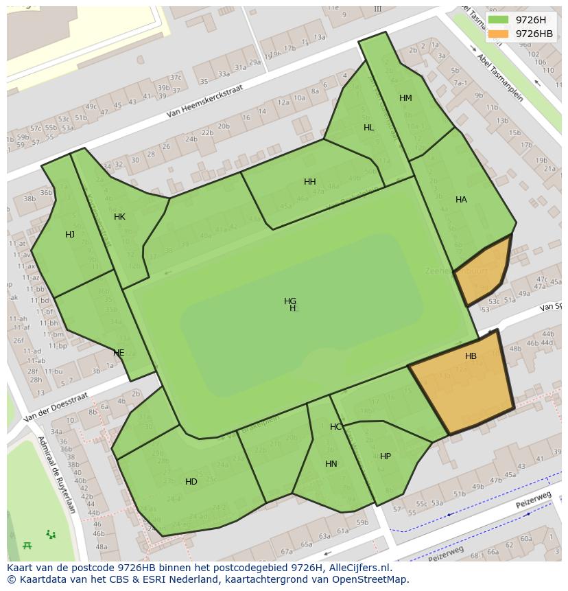 Afbeelding van het postcodegebied 9726 HB op de kaart.
