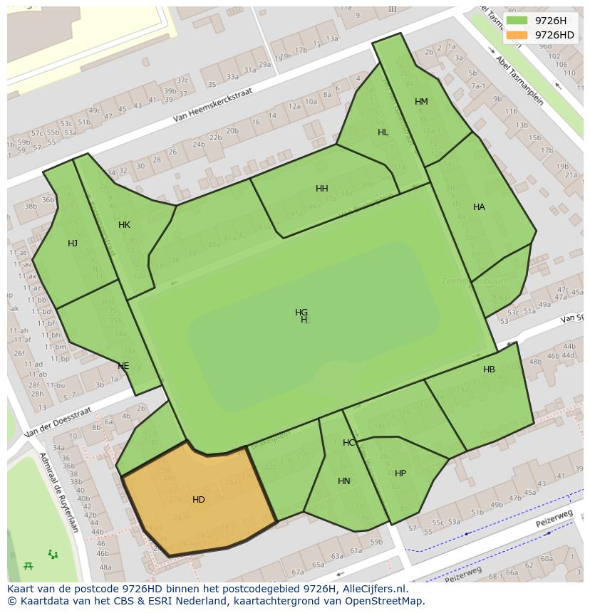 Afbeelding van het postcodegebied 9726 HD op de kaart.