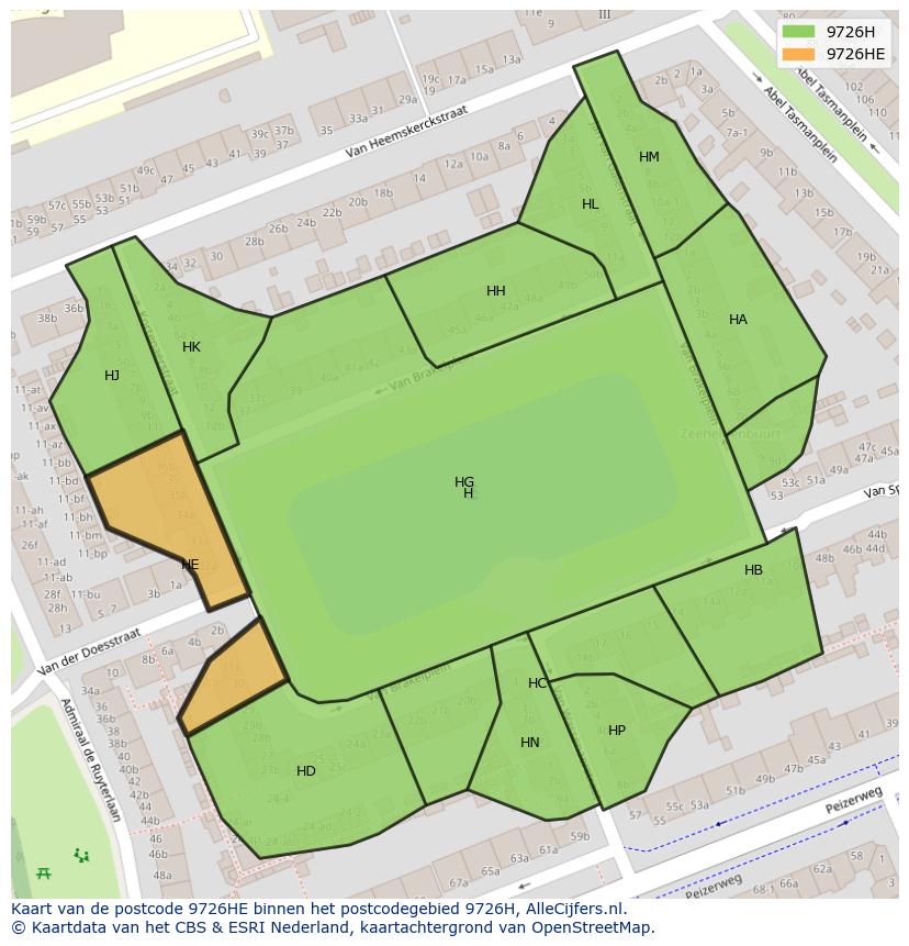 Afbeelding van het postcodegebied 9726 HE op de kaart.