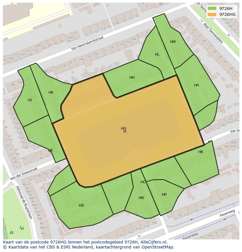 Afbeelding van het postcodegebied 9726 HG op de kaart.