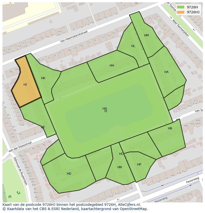 Afbeelding van het postcodegebied 9726 HJ op de kaart.