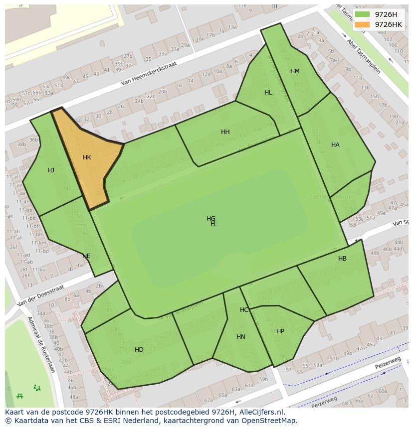 Afbeelding van het postcodegebied 9726 HK op de kaart.