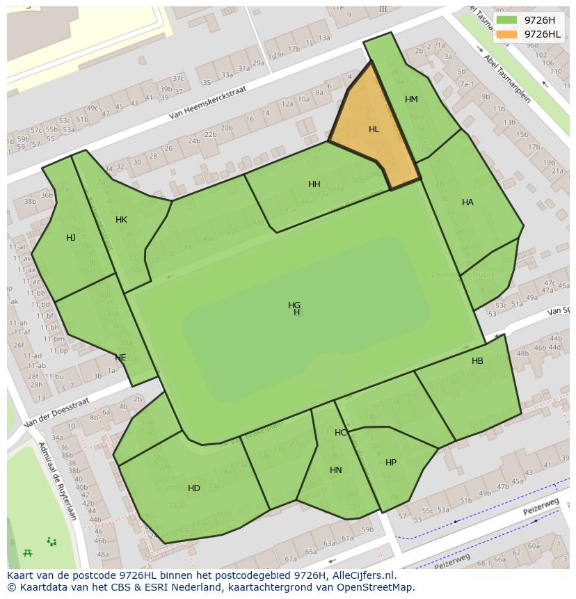 Afbeelding van het postcodegebied 9726 HL op de kaart.