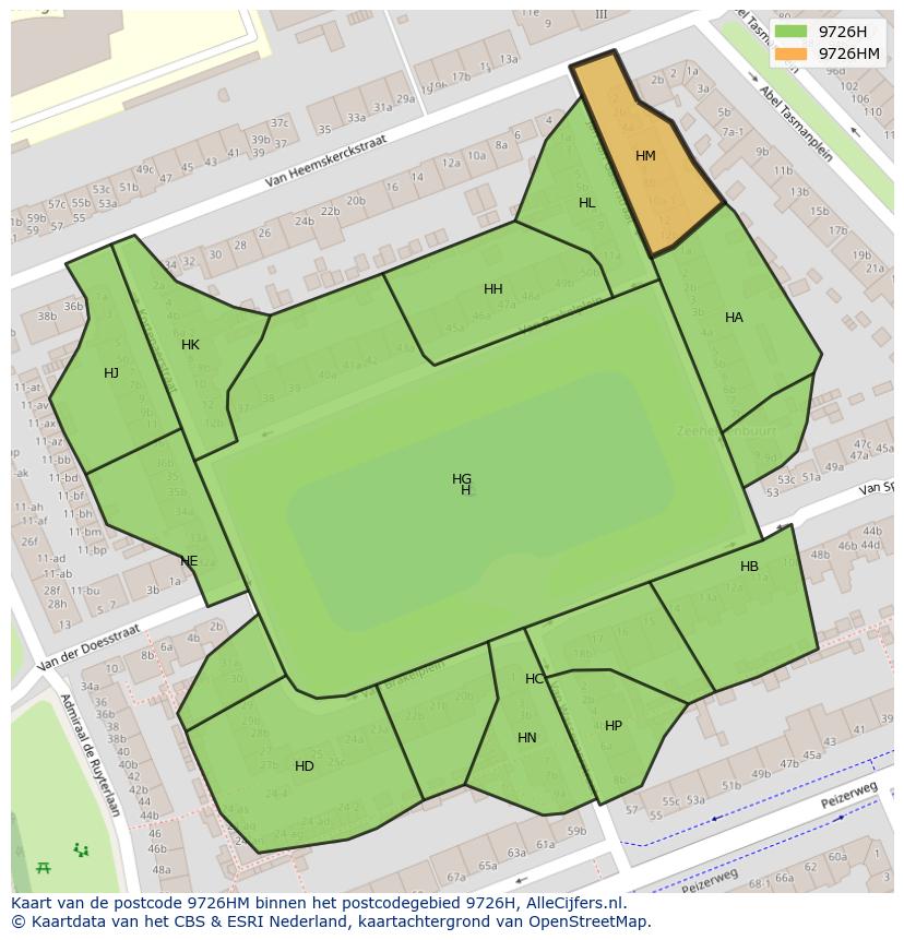 Afbeelding van het postcodegebied 9726 HM op de kaart.