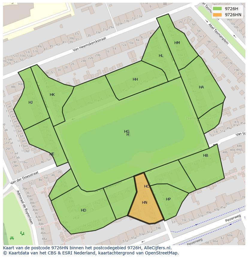Afbeelding van het postcodegebied 9726 HN op de kaart.