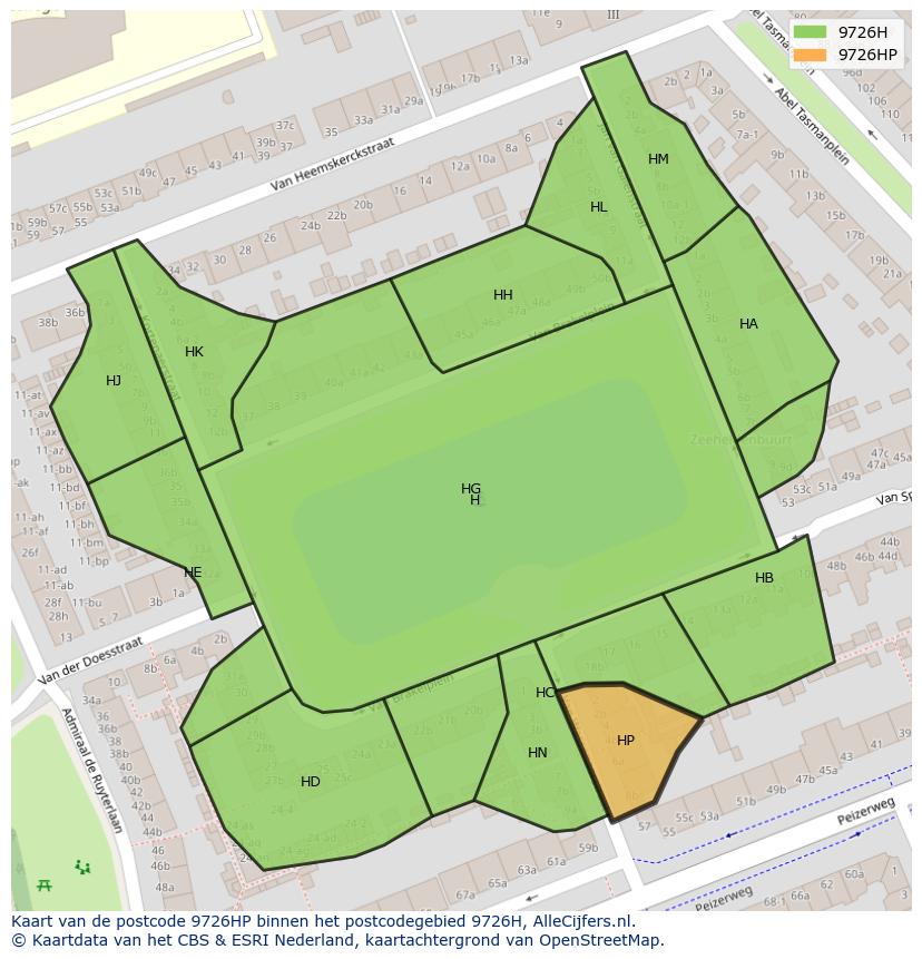 Afbeelding van het postcodegebied 9726 HP op de kaart.