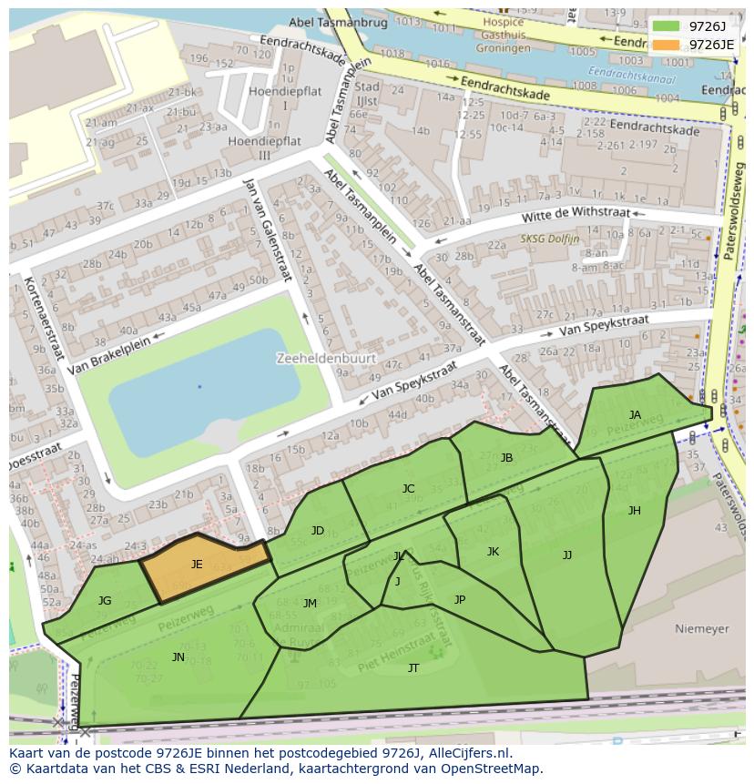 Afbeelding van het postcodegebied 9726 JE op de kaart.