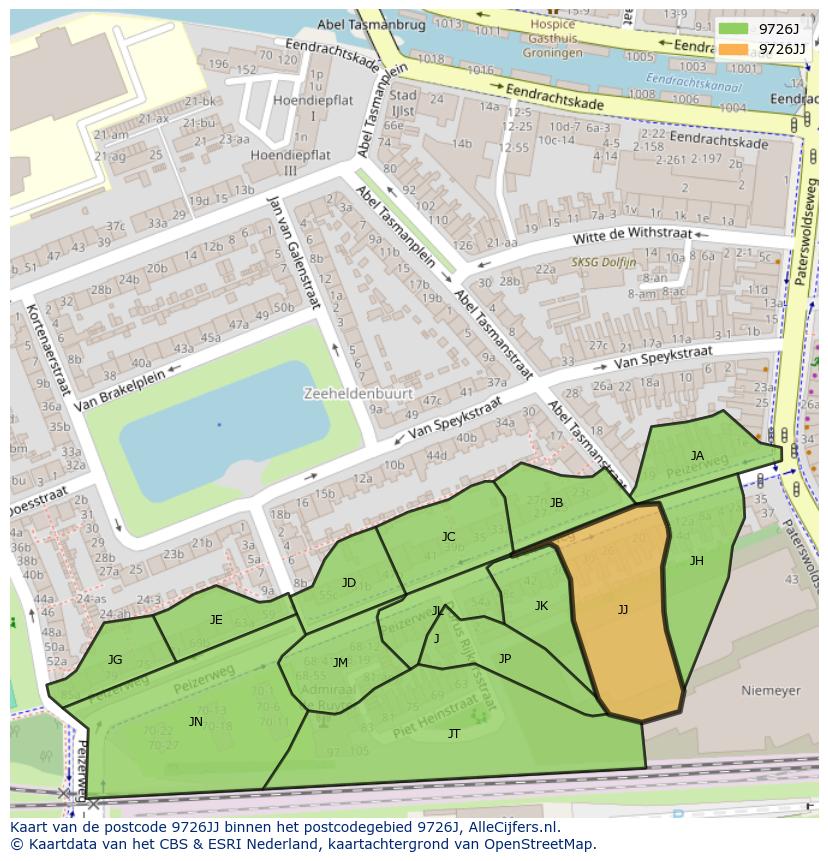 Afbeelding van het postcodegebied 9726 JJ op de kaart.