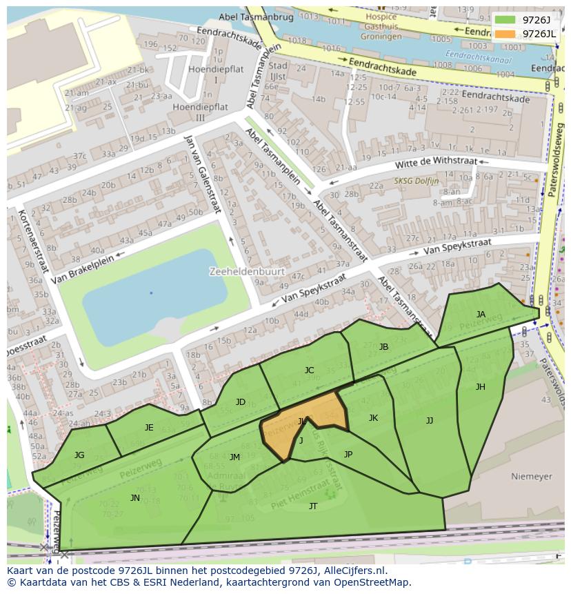 Afbeelding van het postcodegebied 9726 JL op de kaart.