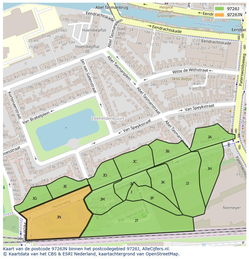 Afbeelding van het postcodegebied 9726 JN op de kaart.