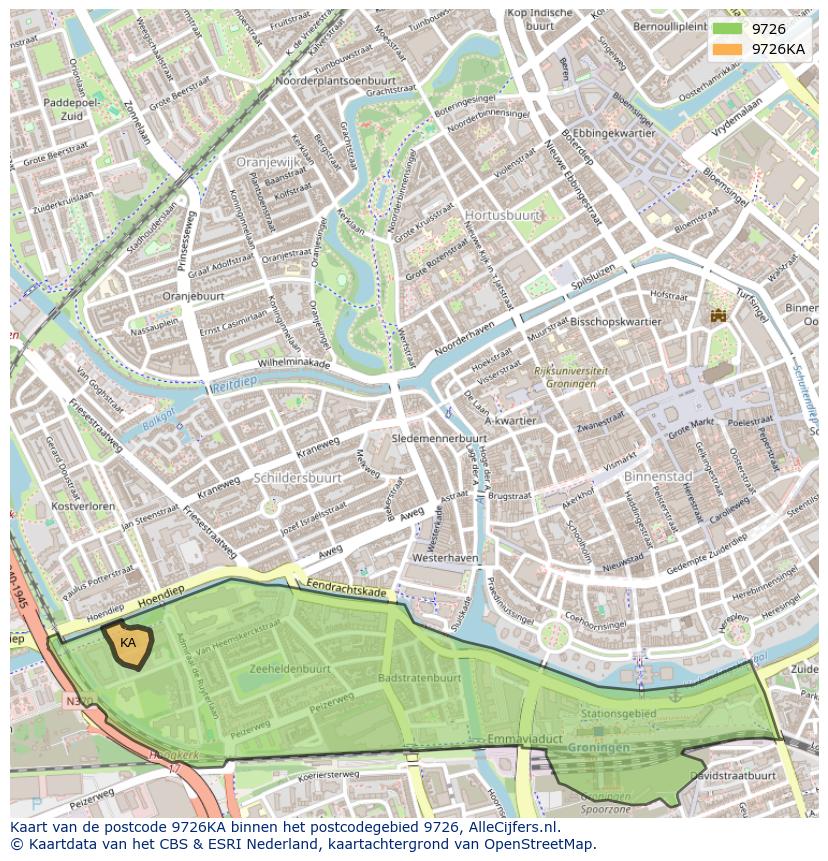 Afbeelding van het postcodegebied 9726 KA op de kaart.