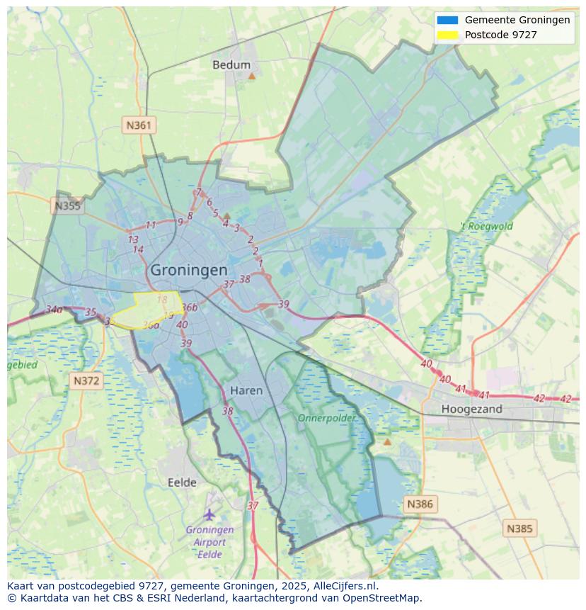 Afbeelding van het postcodegebied 9727 op de kaart.