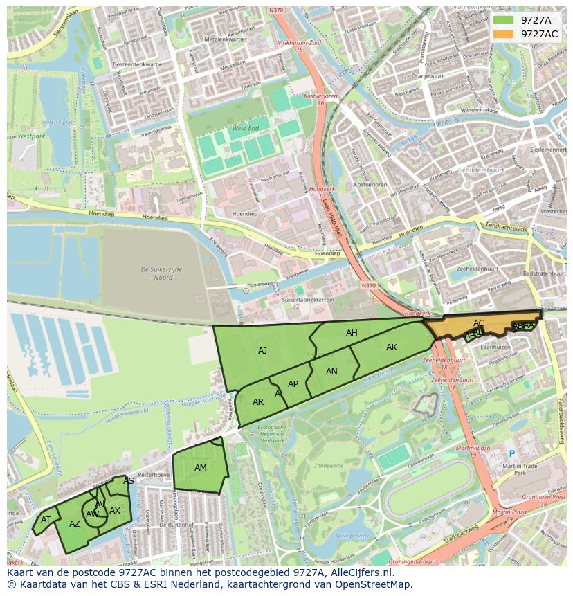 Afbeelding van het postcodegebied 9727 AC op de kaart.
