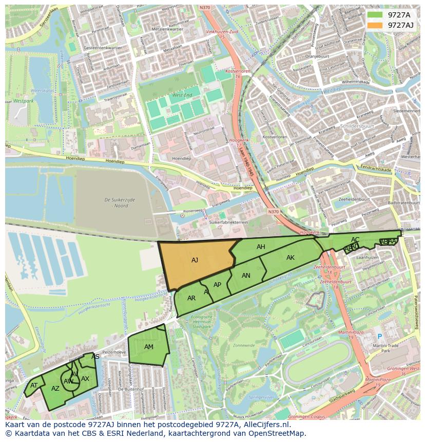 Afbeelding van het postcodegebied 9727 AJ op de kaart.