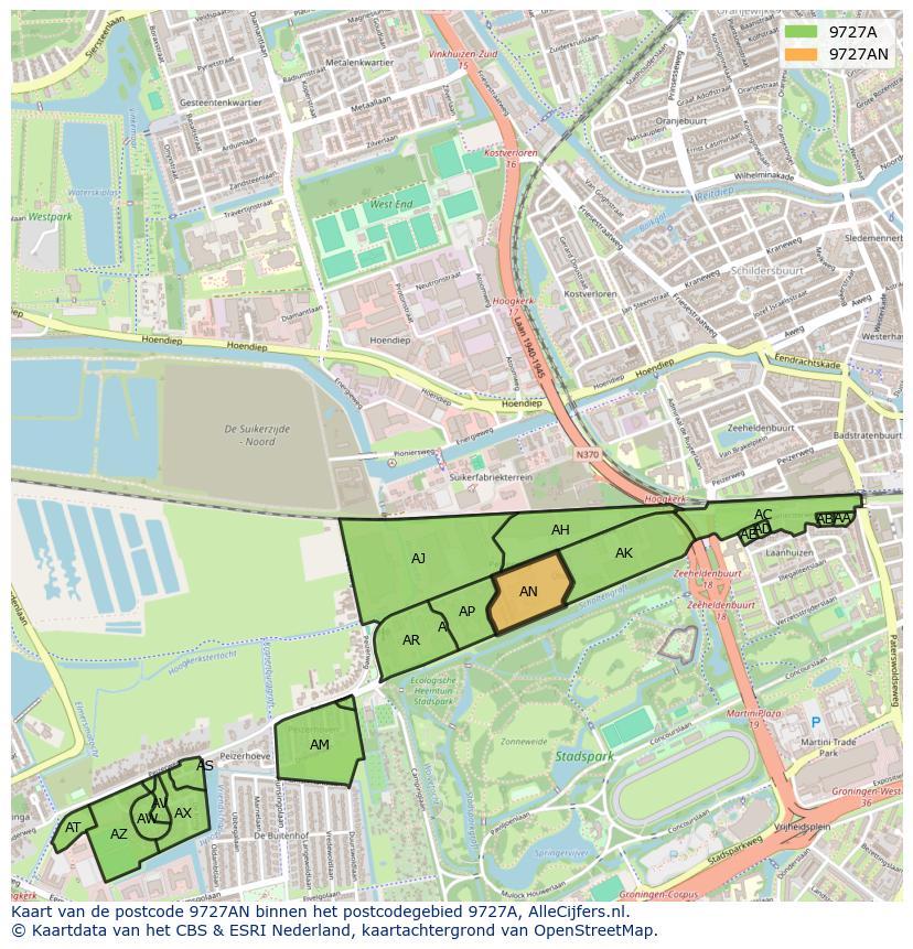 Afbeelding van het postcodegebied 9727 AN op de kaart.