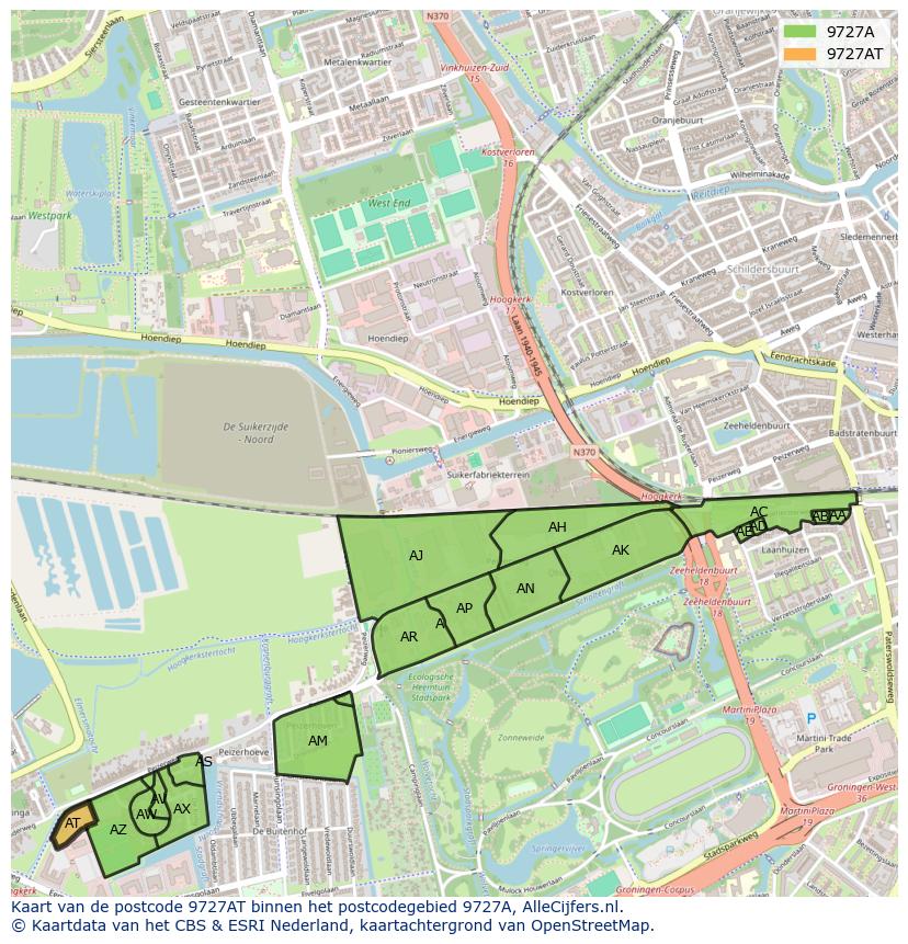 Afbeelding van het postcodegebied 9727 AT op de kaart.
