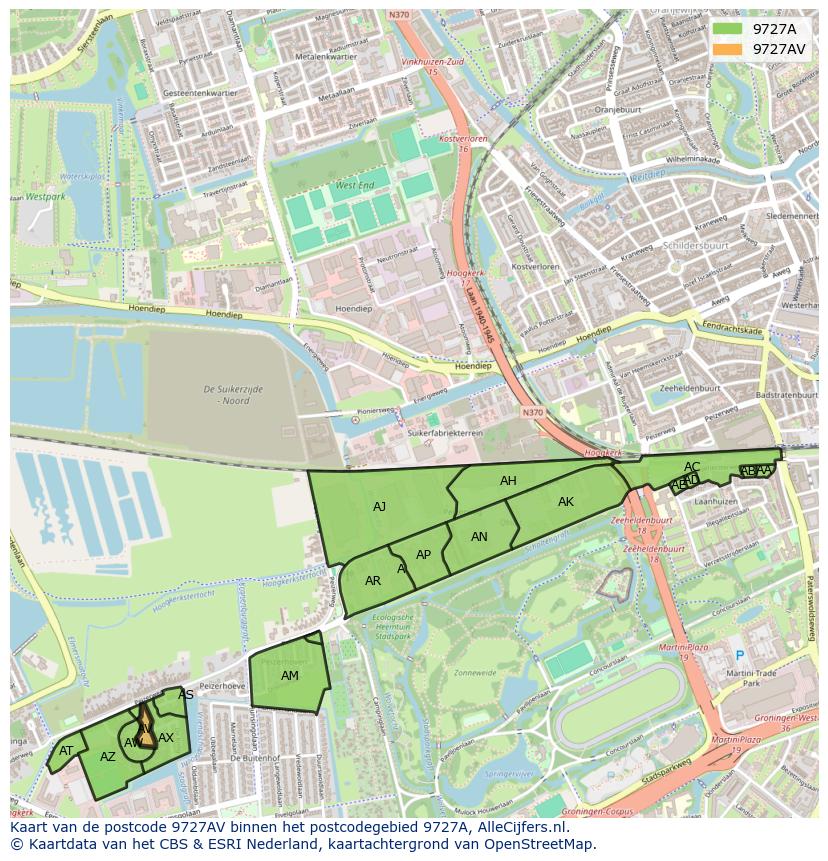 Afbeelding van het postcodegebied 9727 AV op de kaart.