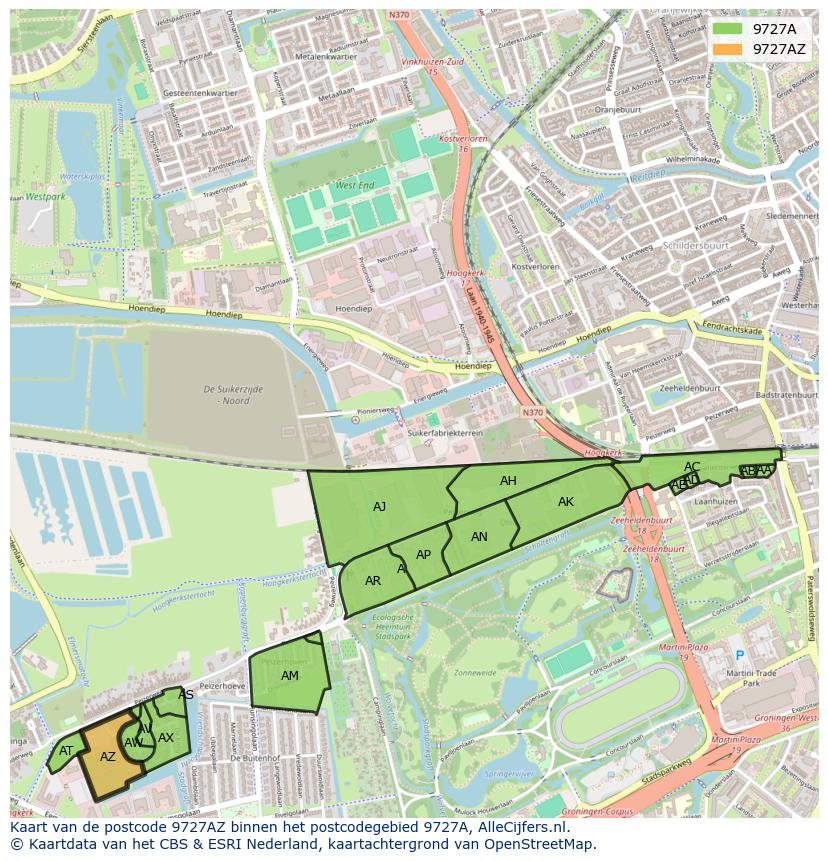 Afbeelding van het postcodegebied 9727 AZ op de kaart.