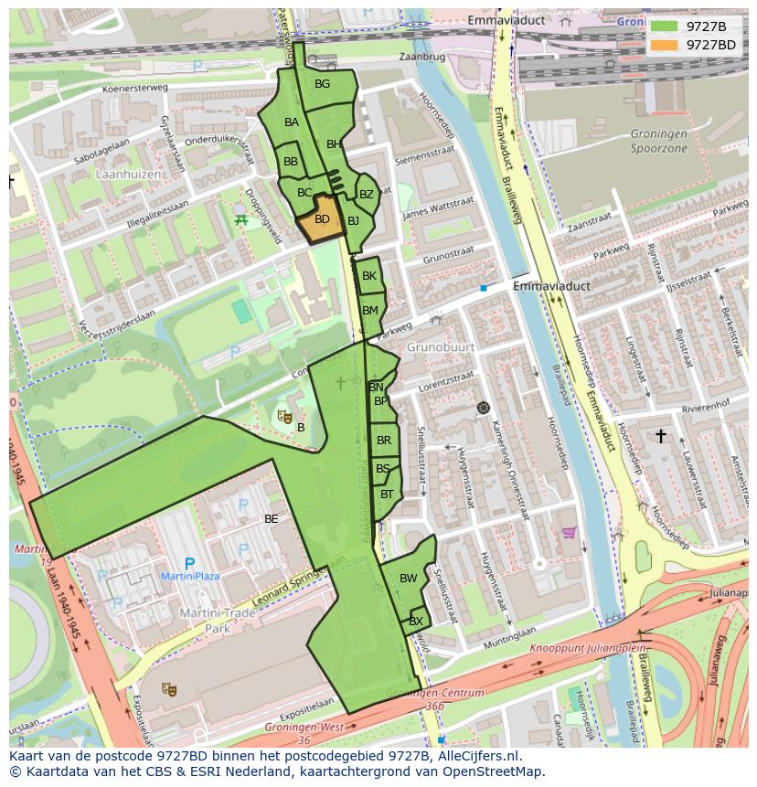 Afbeelding van het postcodegebied 9727 BD op de kaart.