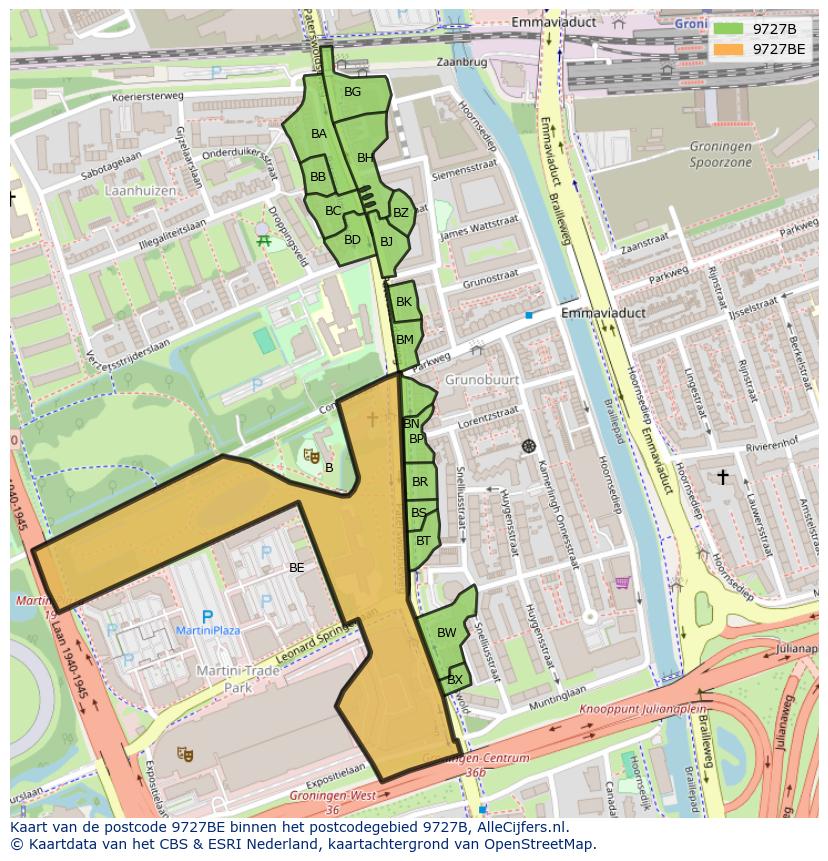Afbeelding van het postcodegebied 9727 BE op de kaart.
