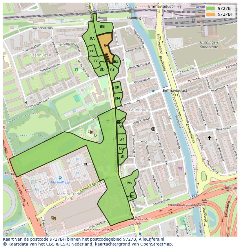 Afbeelding van het postcodegebied 9727 BH op de kaart.