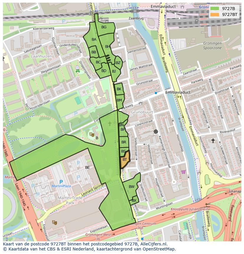 Afbeelding van het postcodegebied 9727 BT op de kaart.