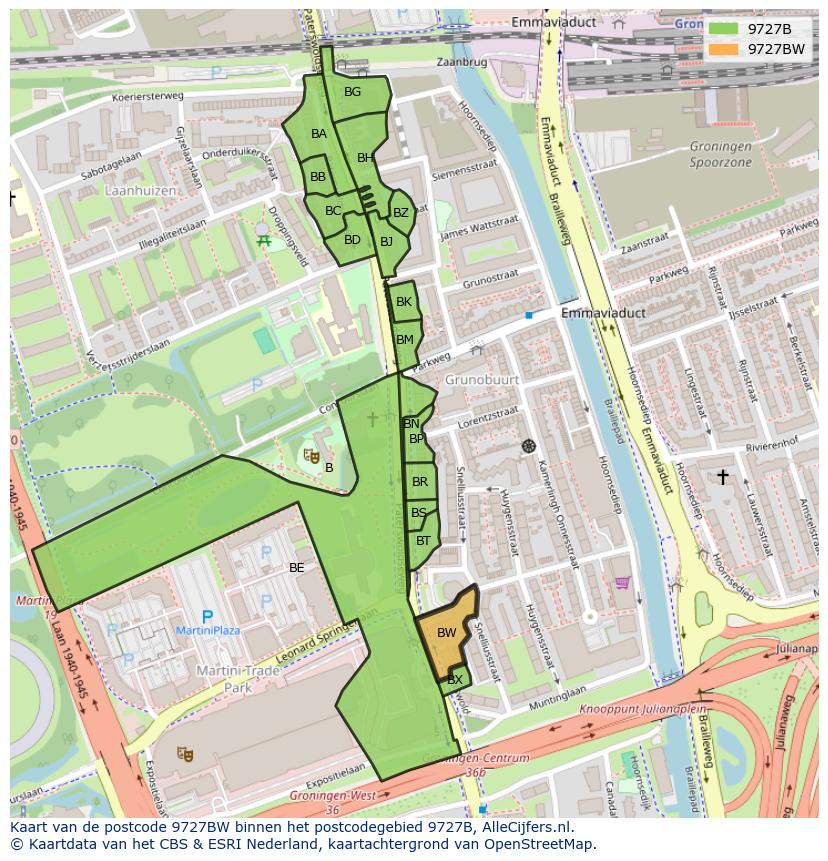 Afbeelding van het postcodegebied 9727 BW op de kaart.