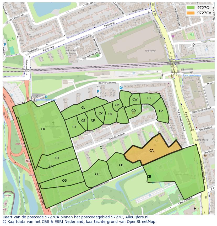 Afbeelding van het postcodegebied 9727 CA op de kaart.
