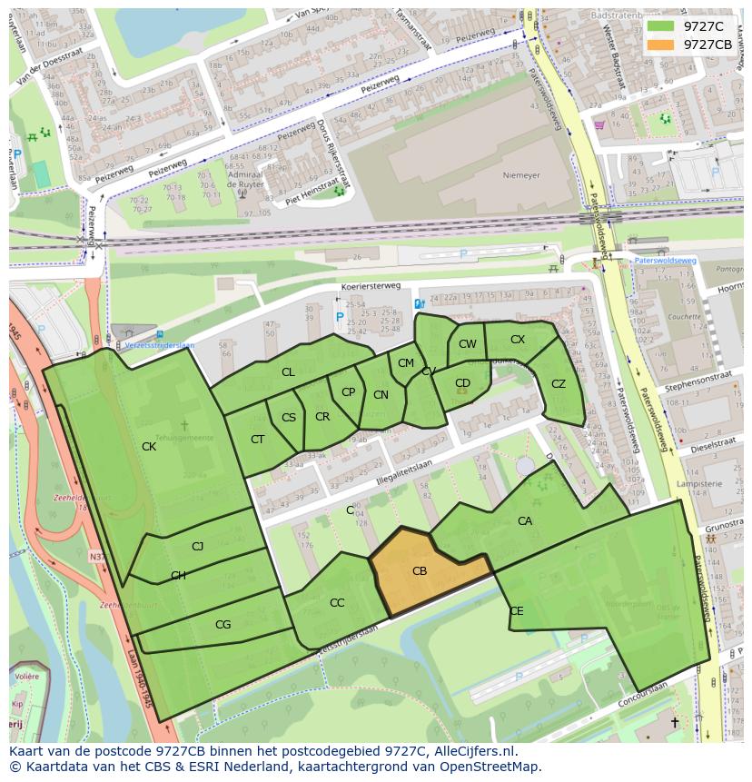 Afbeelding van het postcodegebied 9727 CB op de kaart.