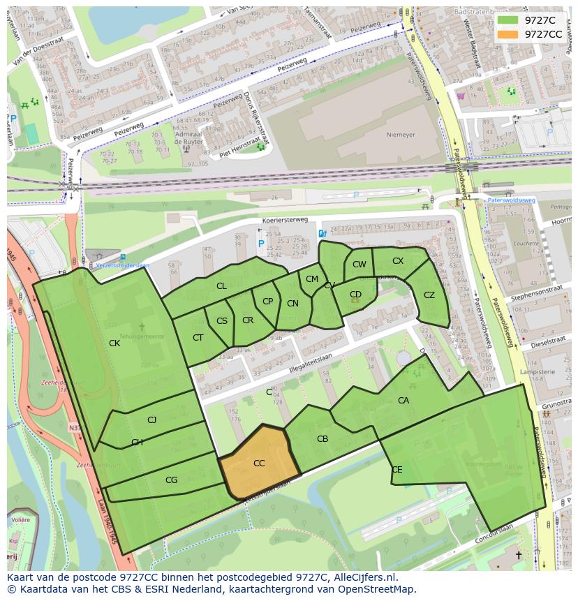 Afbeelding van het postcodegebied 9727 CC op de kaart.