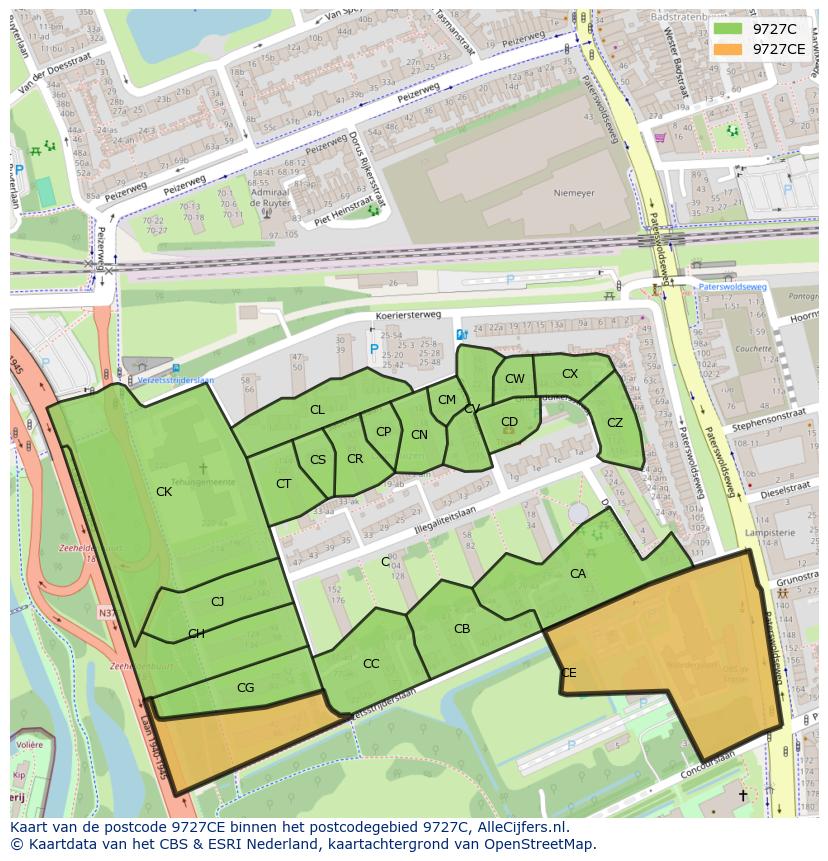 Afbeelding van het postcodegebied 9727 CE op de kaart.