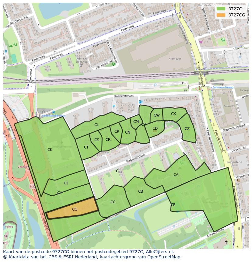 Afbeelding van het postcodegebied 9727 CG op de kaart.