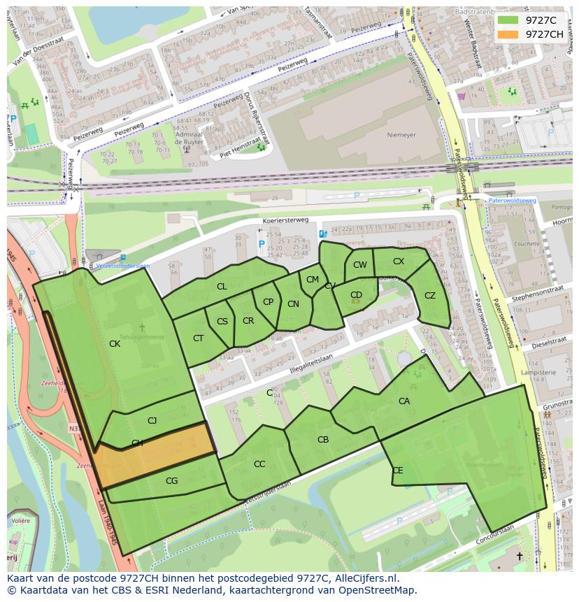 Afbeelding van het postcodegebied 9727 CH op de kaart.