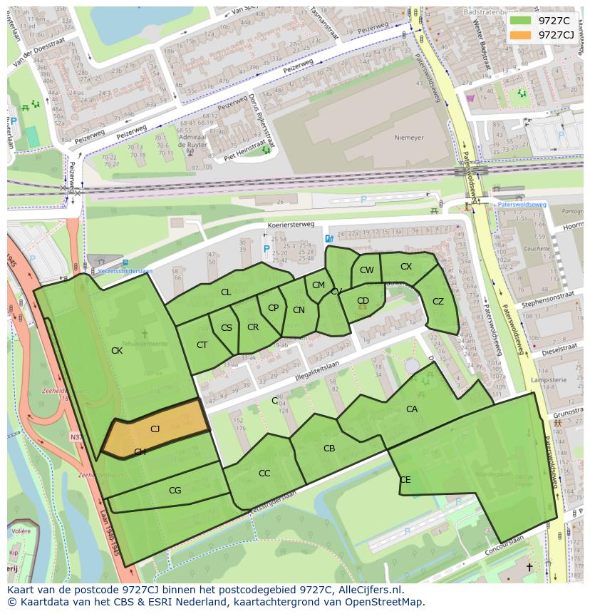 Afbeelding van het postcodegebied 9727 CJ op de kaart.