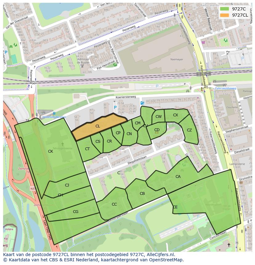Afbeelding van het postcodegebied 9727 CL op de kaart.