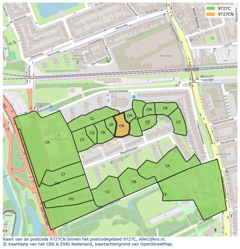 Afbeelding van het postcodegebied 9727 CN op de kaart.