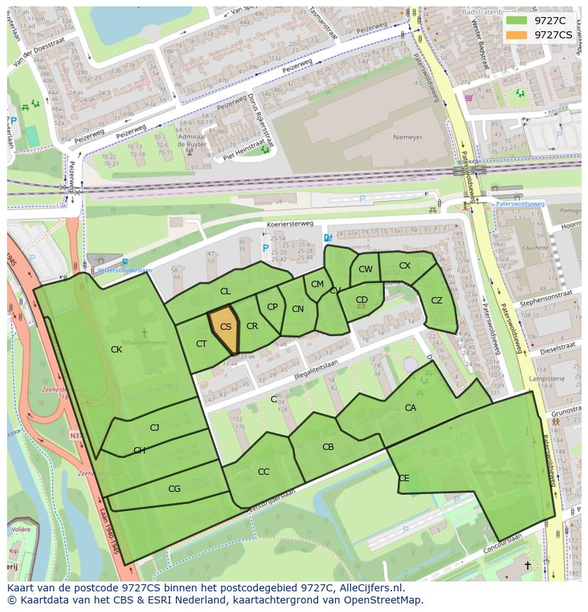Afbeelding van het postcodegebied 9727 CS op de kaart.