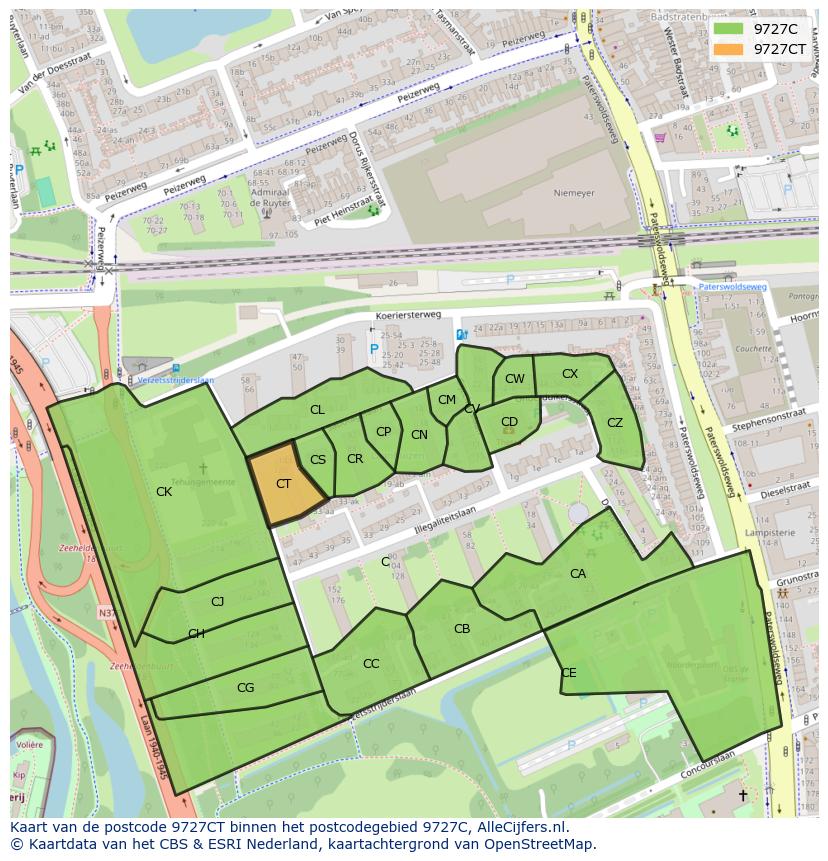 Afbeelding van het postcodegebied 9727 CT op de kaart.