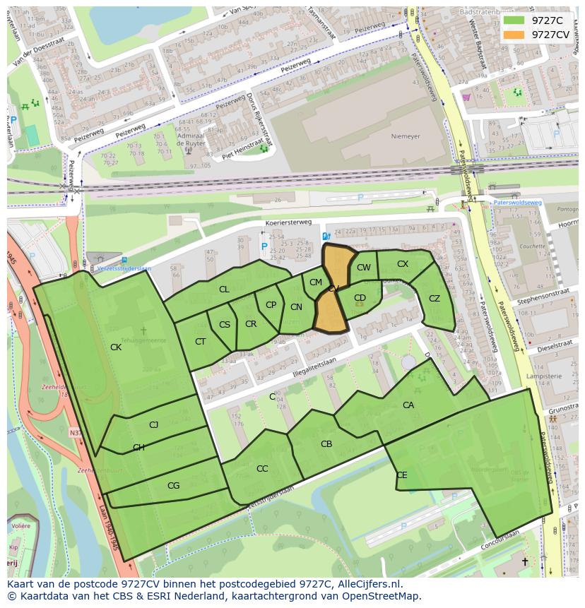 Afbeelding van het postcodegebied 9727 CV op de kaart.