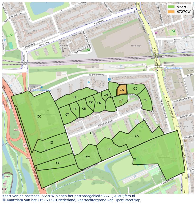 Afbeelding van het postcodegebied 9727 CW op de kaart.