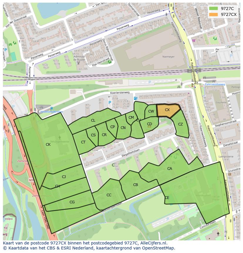 Afbeelding van het postcodegebied 9727 CX op de kaart.