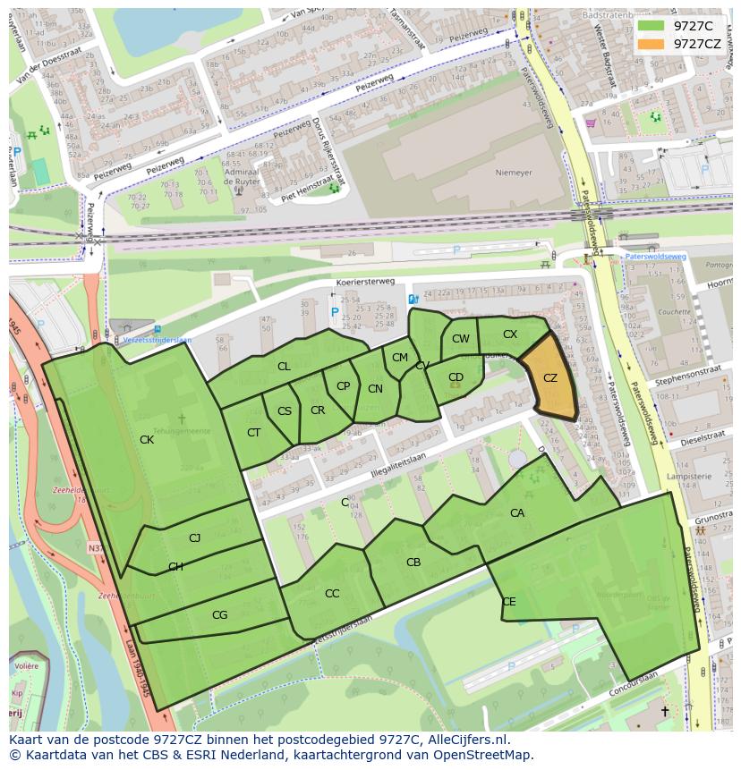 Afbeelding van het postcodegebied 9727 CZ op de kaart.