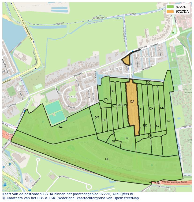 Afbeelding van het postcodegebied 9727 DA op de kaart.