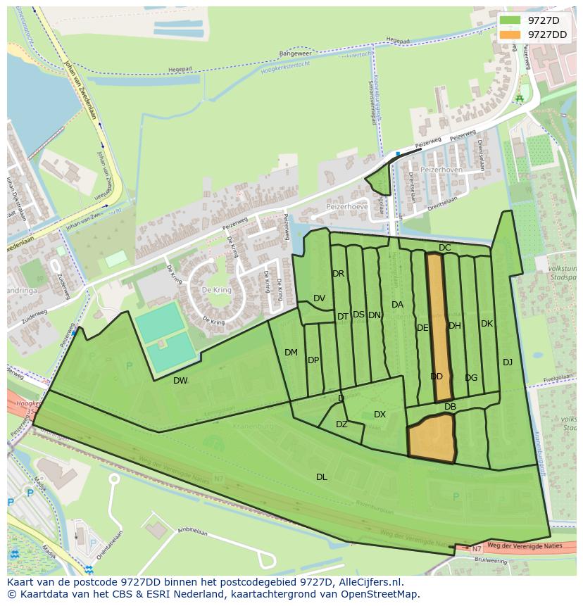 Afbeelding van het postcodegebied 9727 DD op de kaart.