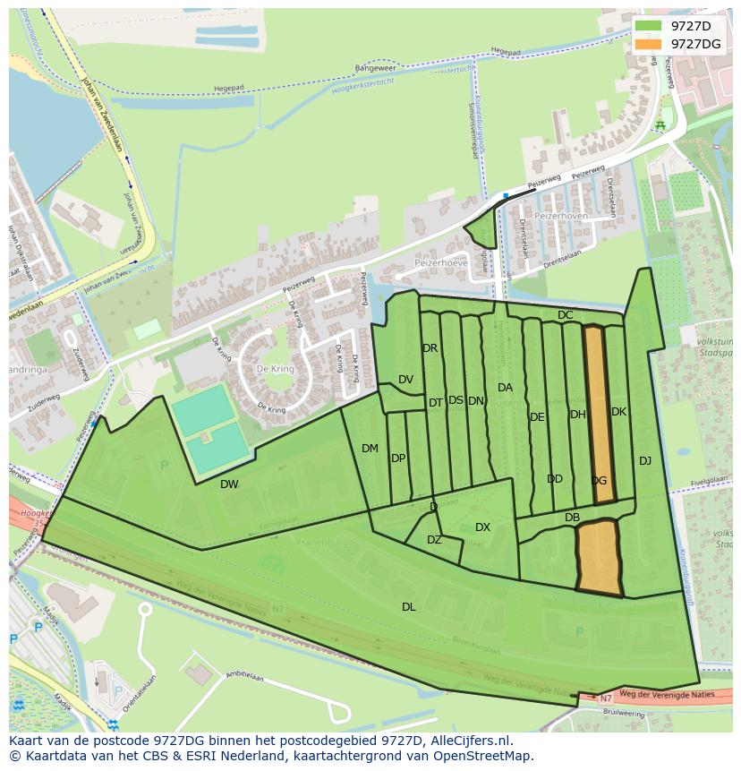 Afbeelding van het postcodegebied 9727 DG op de kaart.